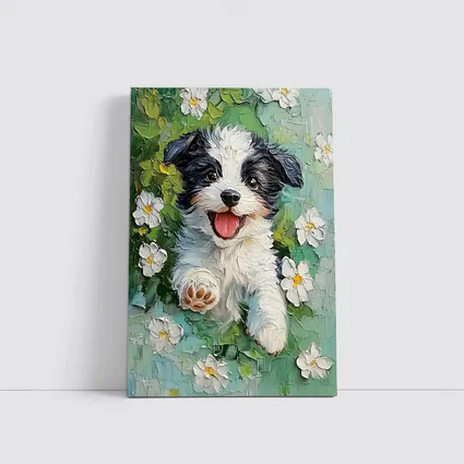 Happy Puppy Dog Oil Painting White Flowers