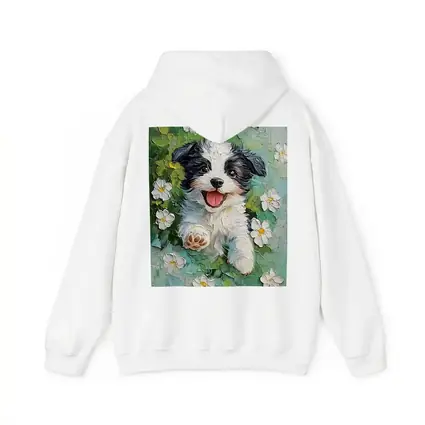 Happy Puppy Dog Oil Painting White Flowers