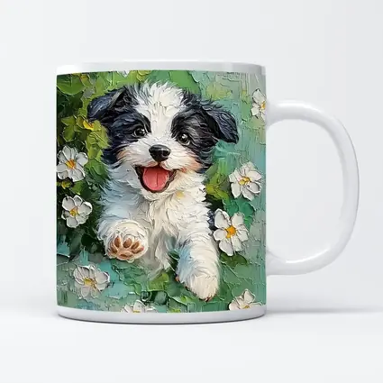 Happy Puppy Dog Oil Painting White Flowers
