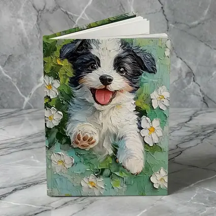 Happy Puppy Dog Oil Painting White Flowers