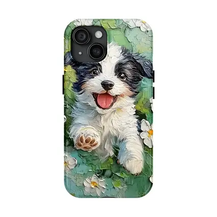 Happy Puppy Dog Oil Painting White Flowers