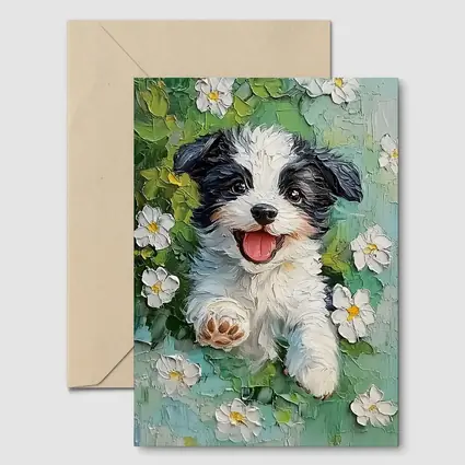Happy Puppy Dog Oil Painting White Flowers