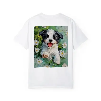 Happy Puppy Dog Oil Painting White Flowers