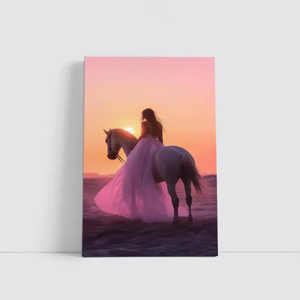 Woman on White Horse Desert Sunset
