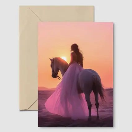 Woman on White Horse Desert Sunset