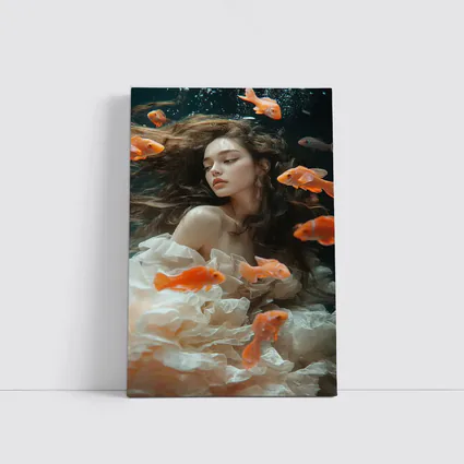 Woman Underwater Surrounded By Orange Goldfish