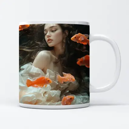 Woman Underwater Surrounded By Orange Goldfish