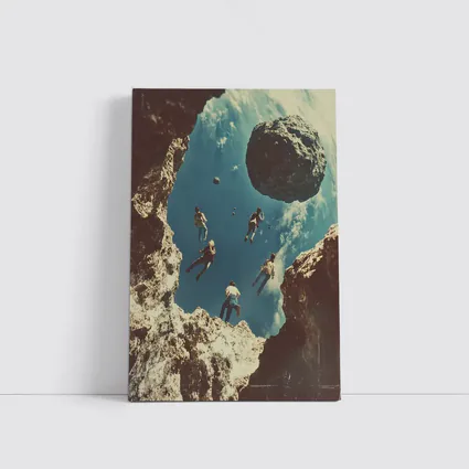 People Floating Above Rocky Cliff Surreal