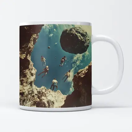 People Floating Above Rocky Cliff Surreal