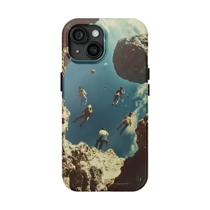 People Floating Above Rocky Cliff Surreal