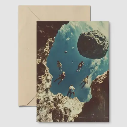 People Floating Above Rocky Cliff Surreal