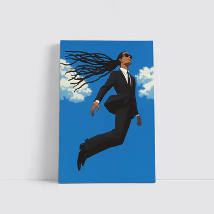 Man Flying in Black Suit Blue Sky
