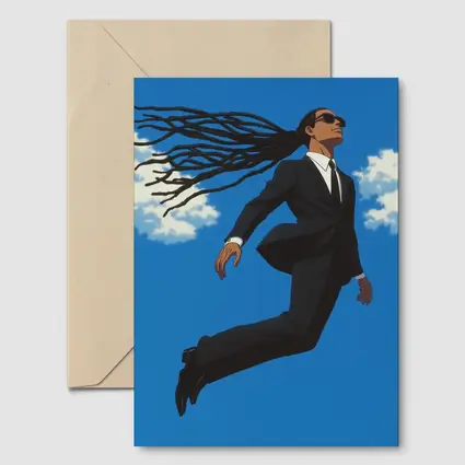 Man Flying in Black Suit Blue Sky