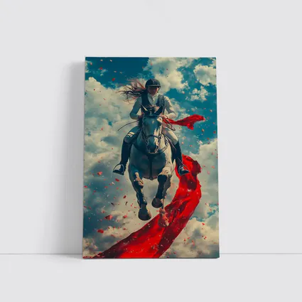 Female Equestrian Riding White Horse Red Ribbon