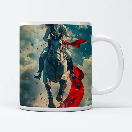 Female Equestrian Riding White Horse Red Ribbon