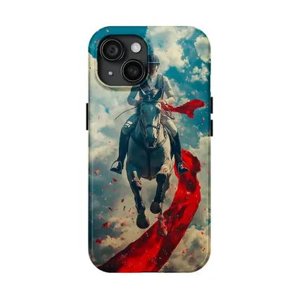 Female Equestrian Riding White Horse Red Ribbon