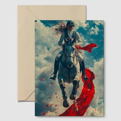 Female Equestrian Riding White Horse Red Ribbon