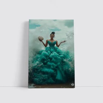 Woman Teal Ball Gown Ocean Waves
