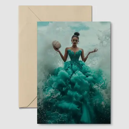 Woman Teal Ball Gown Ocean Waves