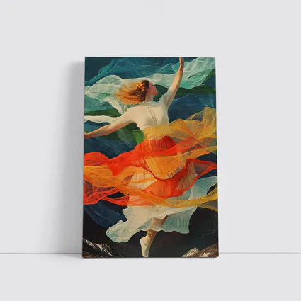Dancing Woman Colorful Flowing Fabric Mountains