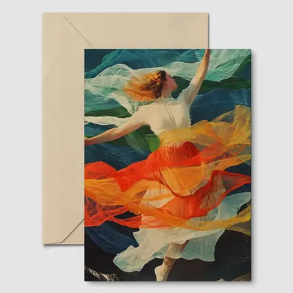 Dancing Woman Colorful Flowing Fabric Mountains