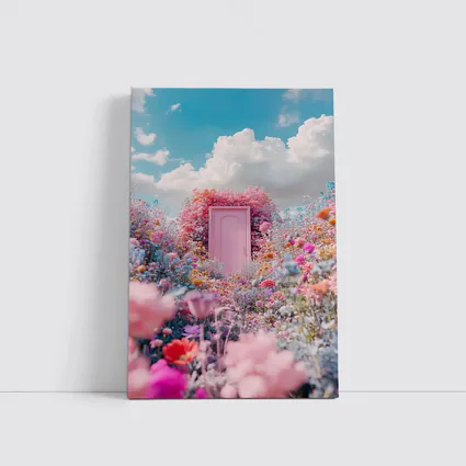 Pink Door Surrounded by Wildflowers Blue Sky