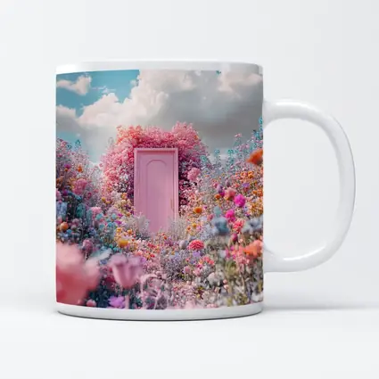Pink Door Surrounded by Wildflowers Blue Sky