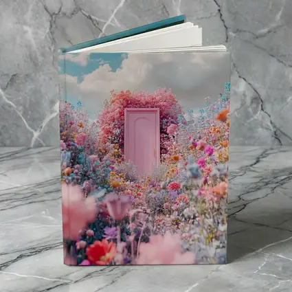 Pink Door Surrounded by Wildflowers Blue Sky