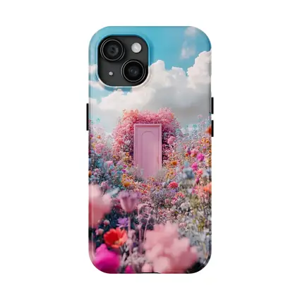 Pink Door Surrounded by Wildflowers Blue Sky
