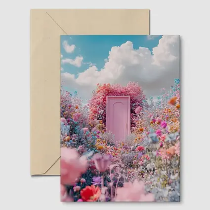 Pink Door Surrounded by Wildflowers Blue Sky