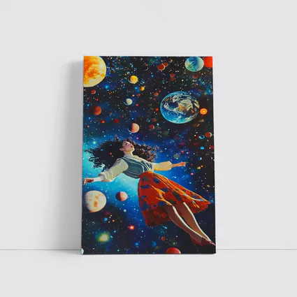 Woman Floating Through Colorful Cosmic Space