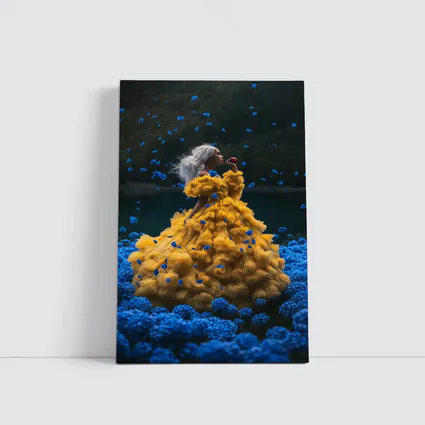 Woman Yellow Gown Blue Flowers Lake