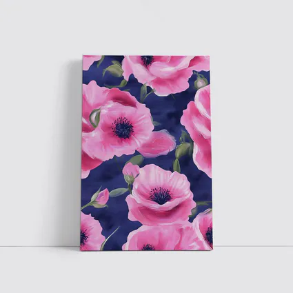 Pink Poppies Blooming on Navy Blue Background