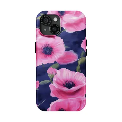 Pink Poppies Blooming on Navy Blue Background