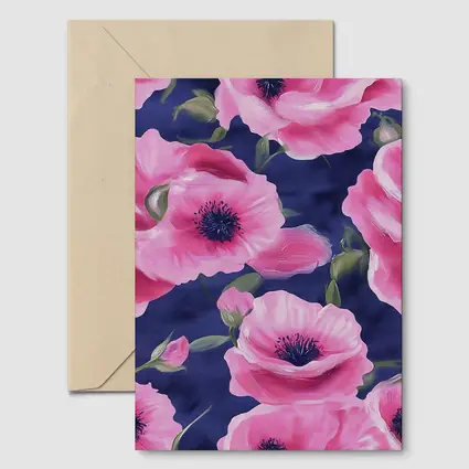 Pink Poppies Blooming on Navy Blue Background