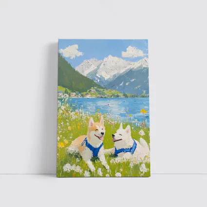 Shiba Inu Dogs Oil Painting Mountain Lake
