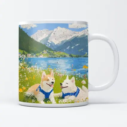 Shiba Inu Dogs Oil Painting Mountain Lake