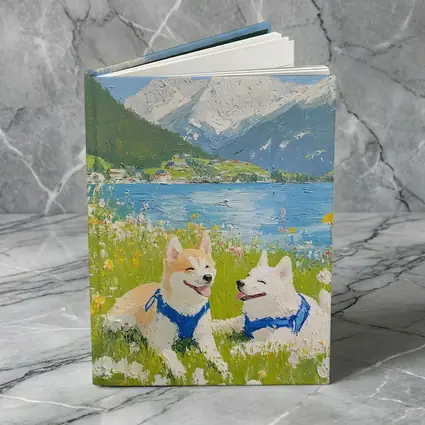 Shiba Inu Dogs Oil Painting Mountain Lake