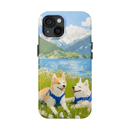 Shiba Inu Dogs Oil Painting Mountain Lake