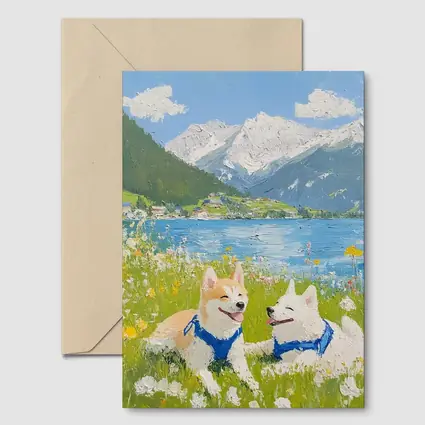Shiba Inu Dogs Oil Painting Mountain Lake