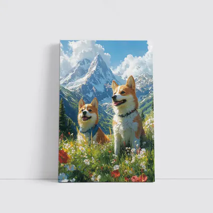 Two Corgis Alpine Meadow Mountain Wildflowers