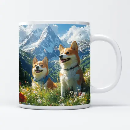 Two Corgis Alpine Meadow Mountain Wildflowers