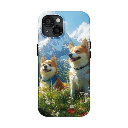 Two Corgis Alpine Meadow Mountain Wildflowers