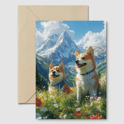 Two Corgis Alpine Meadow Mountain Wildflowers