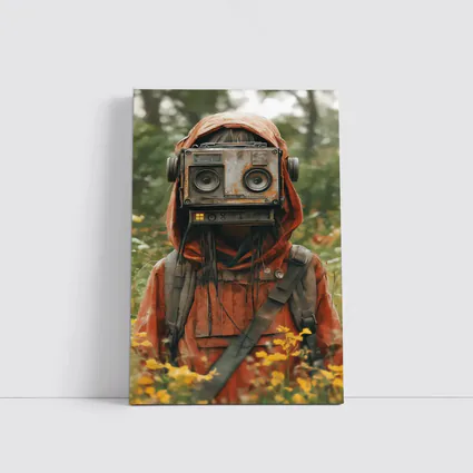 Robot Boombox Head Figure In Flower Field