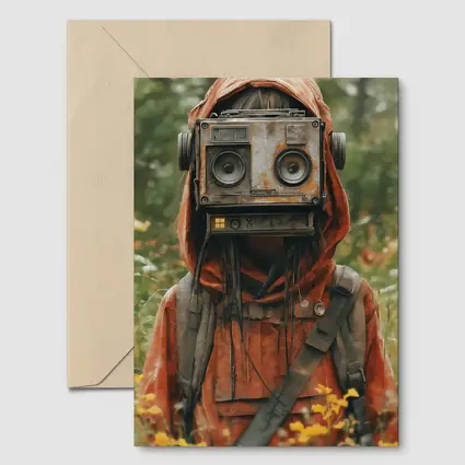 Robot Boombox Head Figure In Flower Field