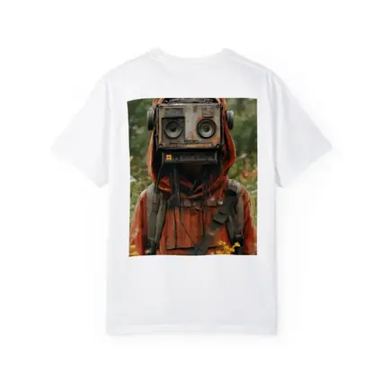 Robot Boombox Head Figure In Flower Field