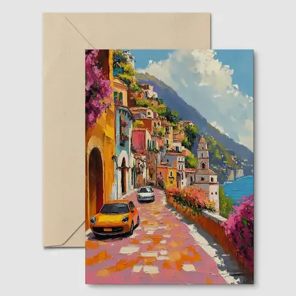 Mini Cooper Oil Painting Amalfi Coast Italy