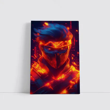 Neon Ninja Warrior Glowing Red Fire Background