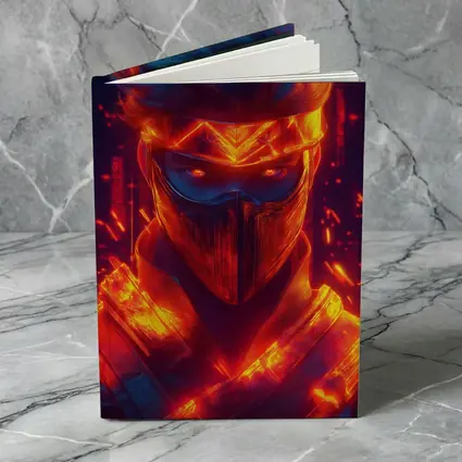 Neon Ninja Warrior Glowing Red Fire Background